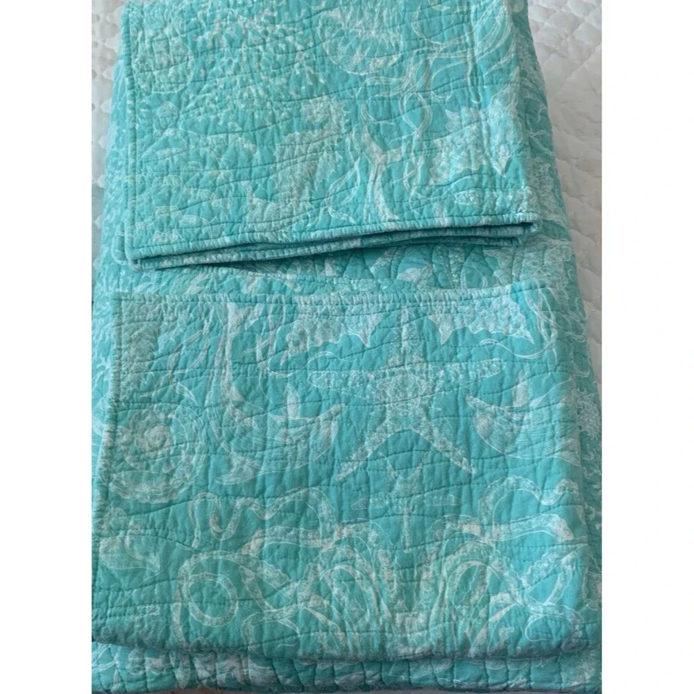 VTG Queen/Full Reversible Quilted Comforter Set Shams Teal/White Cottagecore Y2K